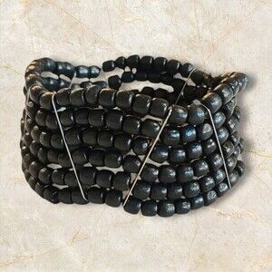 Vintage Black Wood Bead Zig Zag Stretch Chunky Boho Bracelet